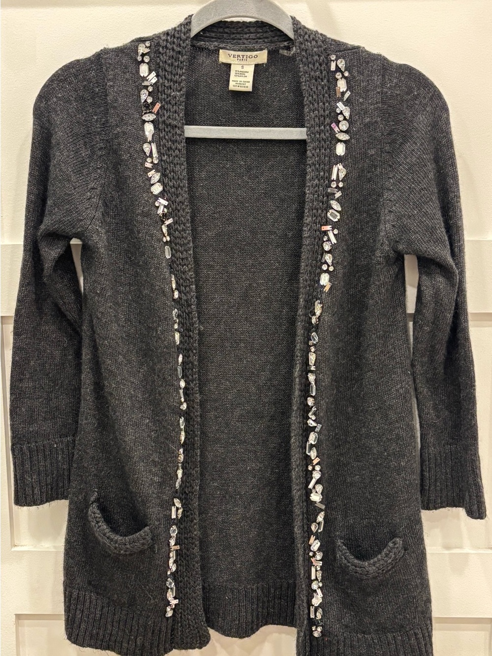Vertigo Paris Charcoal Beaded Open-Front 80s Style Angora Blend Cardigan